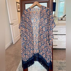 Target Kimono Wrap - sheer with blue fringe - size S